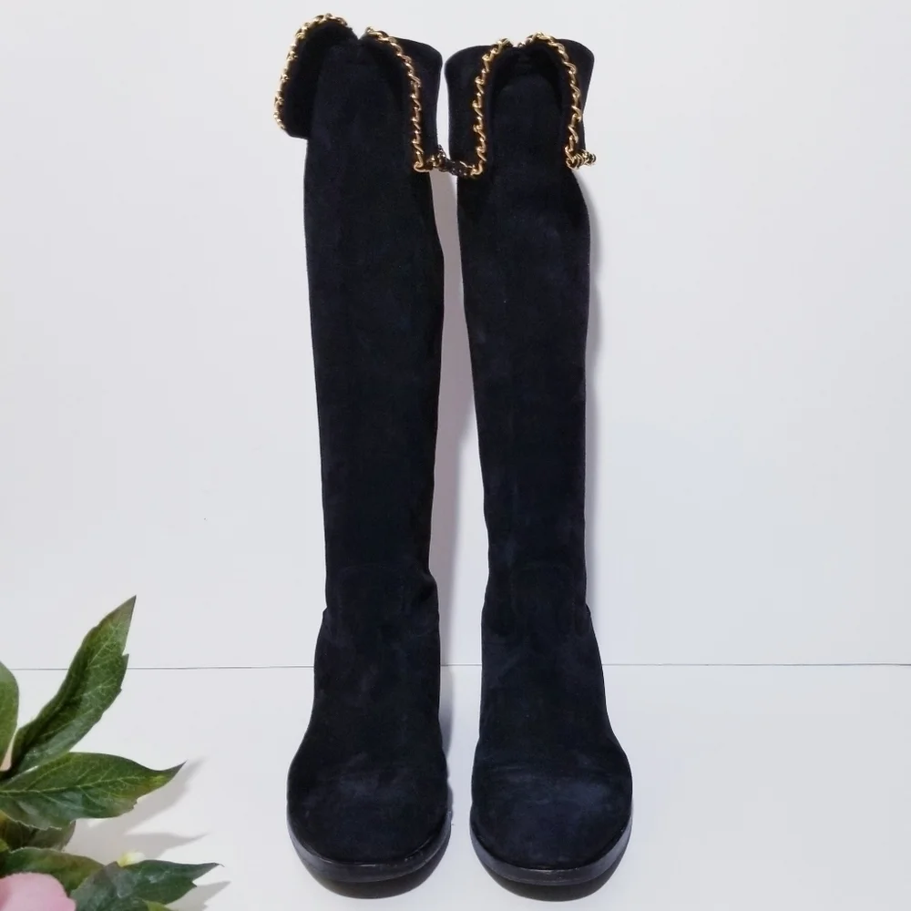 CHANEL Vintage Black Suede Leather & Signature Chain Tall Riding Boots 35